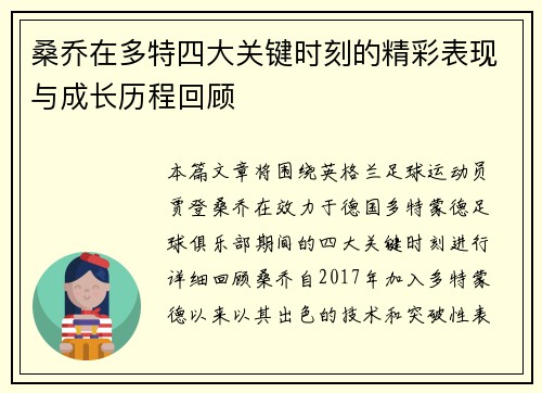 桑乔在多特四大关键时刻的精彩表现与成长历程回顾