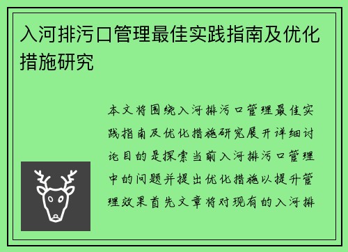 入河排污口管理最佳实践指南及优化措施研究