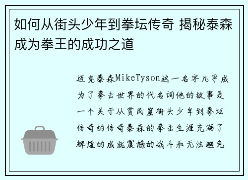 如何从街头少年到拳坛传奇 揭秘泰森成为拳王的成功之道